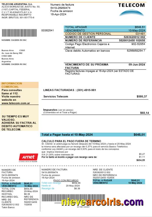 Argentina Telecom business utility bill fully editable, good for address prove